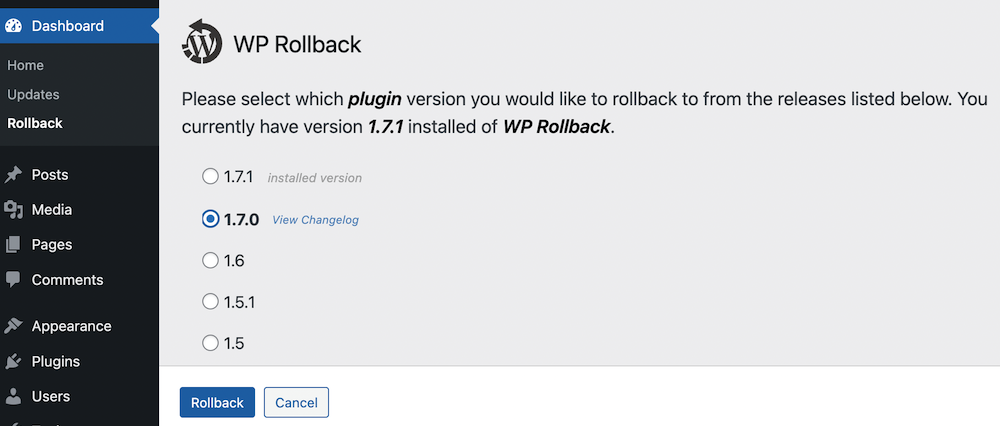 Select the Plugin Version You Want to Rollback To