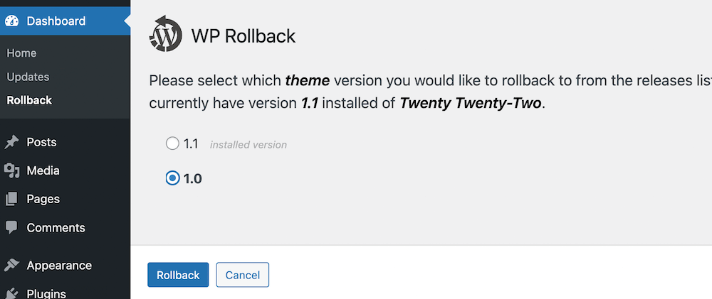 Select The Theme Version You Want to Roll Back to