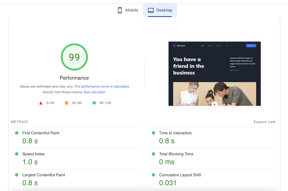 Kinsta Performance Test Result on Google PageSpeed Insights