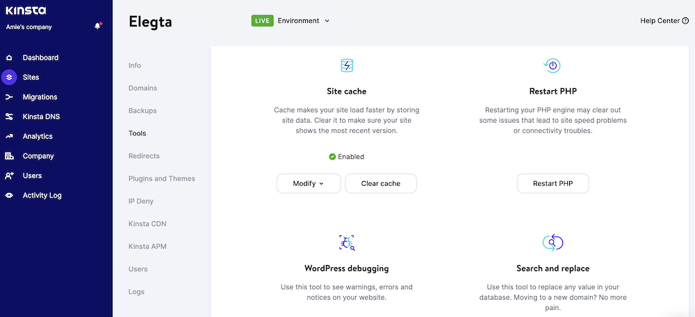 Kinsta tools on MyKinsta