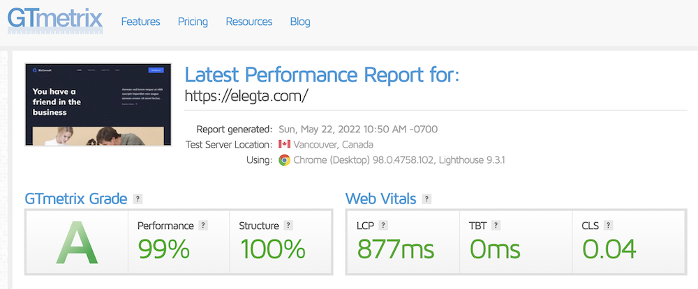 Kinsta Performance Test Result on GTmetrix