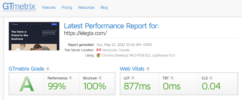 Kinsta Performance Test Result on  GTmetrix