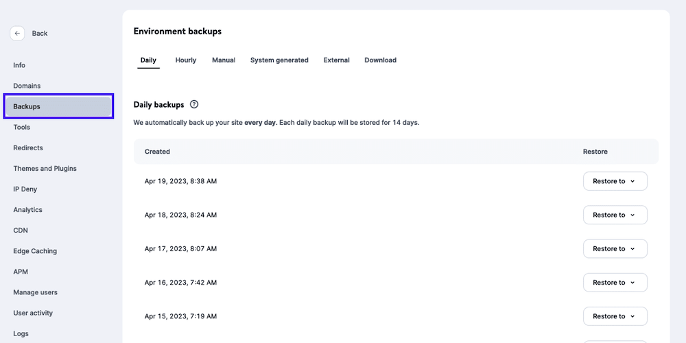 KInsta hosting review: Kinsta Backup system