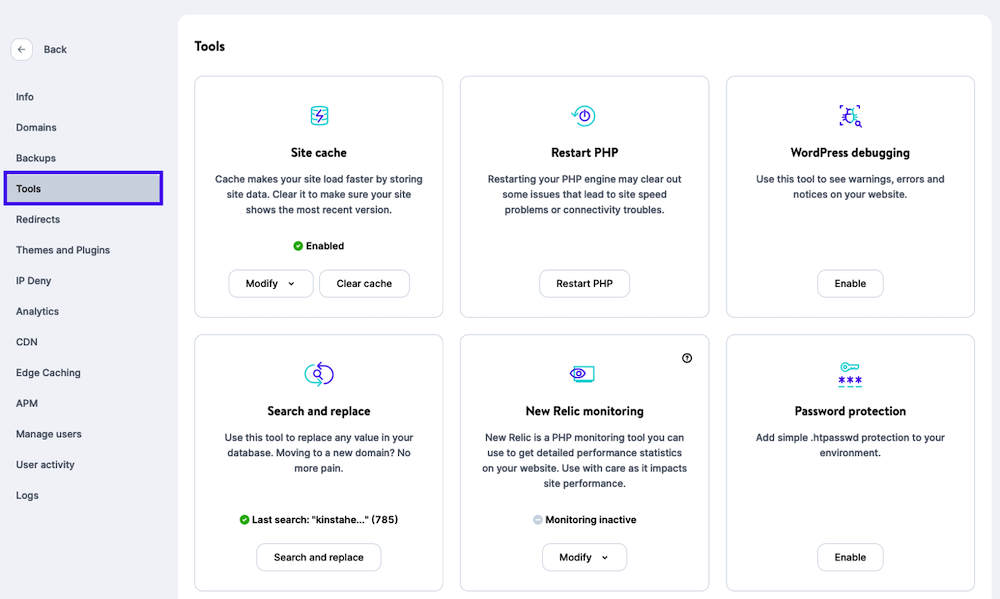 Kinsta tools on MyKinsta