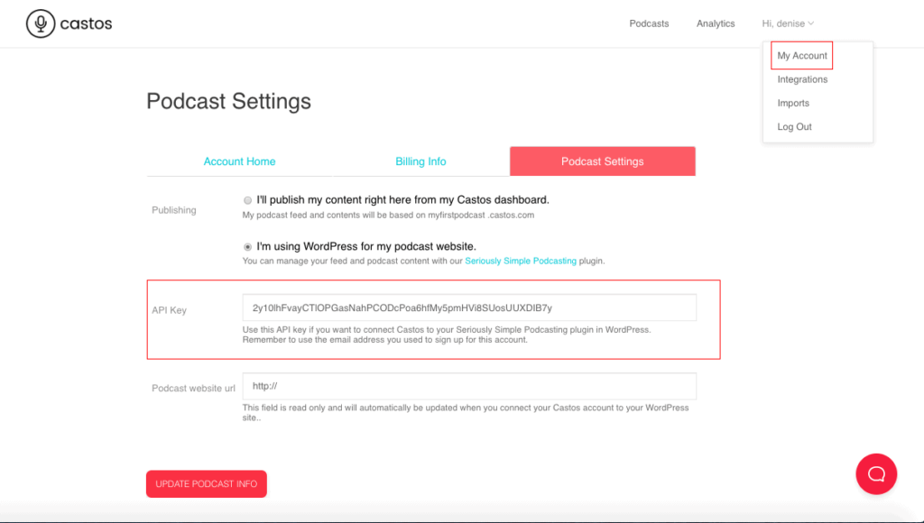 Find the API key in your Castos Dashboard