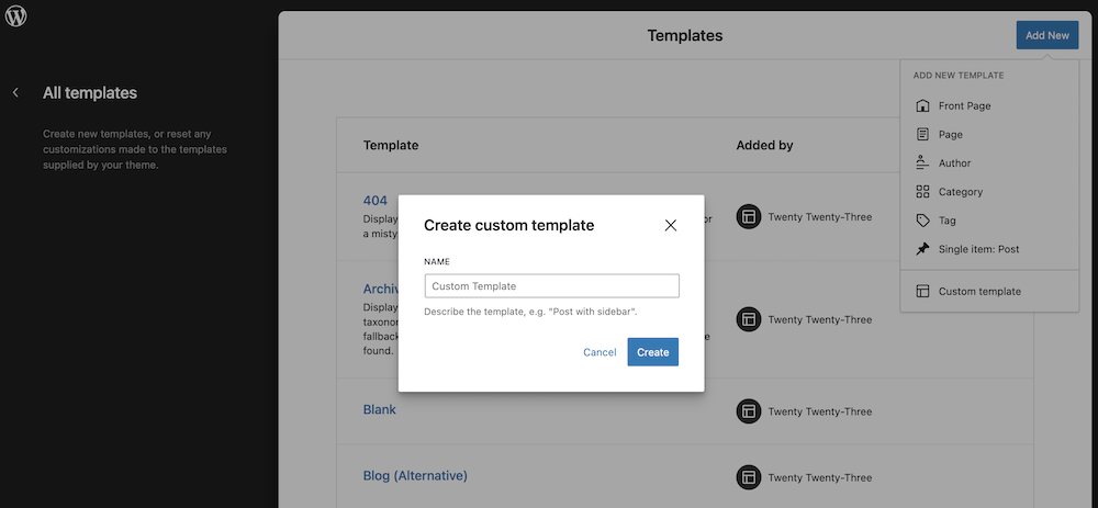 Create a custom template in block theme