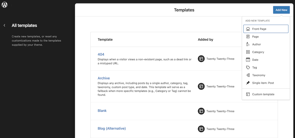 Manage all templates in block theme