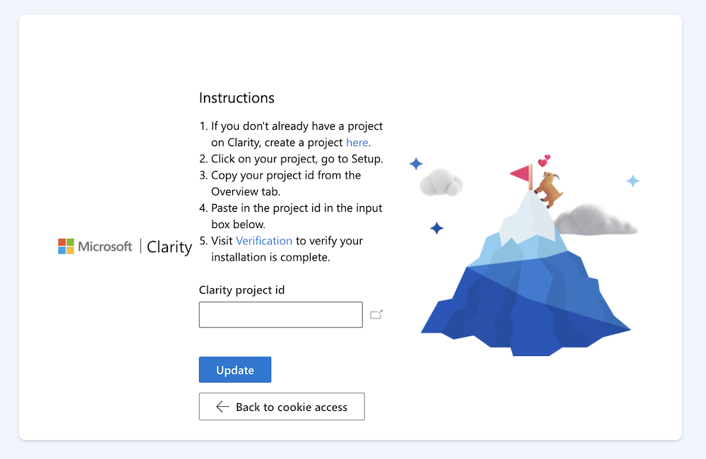 Copy the Project ID and paste it into the Clarity project ID field on your dashboard. And click Update. 