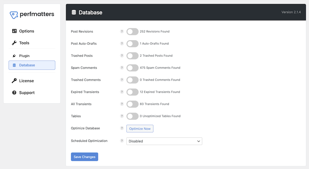  delete post revisions with Perfmatters - Optimize WordPress Database 