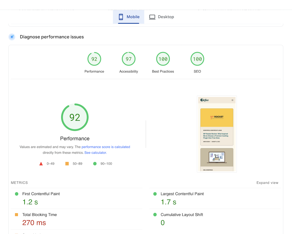 WP Rocket Performance Optimization Test Result on Page Speed Insights for Mobile