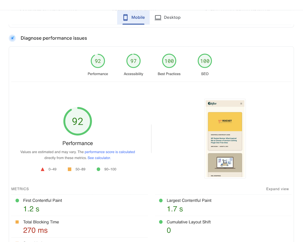 Blocksy Theme Performance Test Report on Page Speed Insight For Mobile