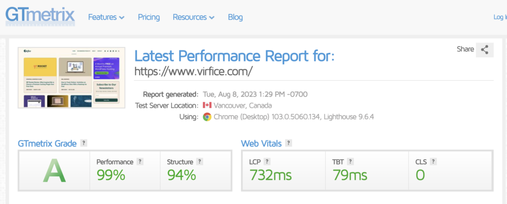 WP Rocket Performance Optimization Test Result on GTmetrix