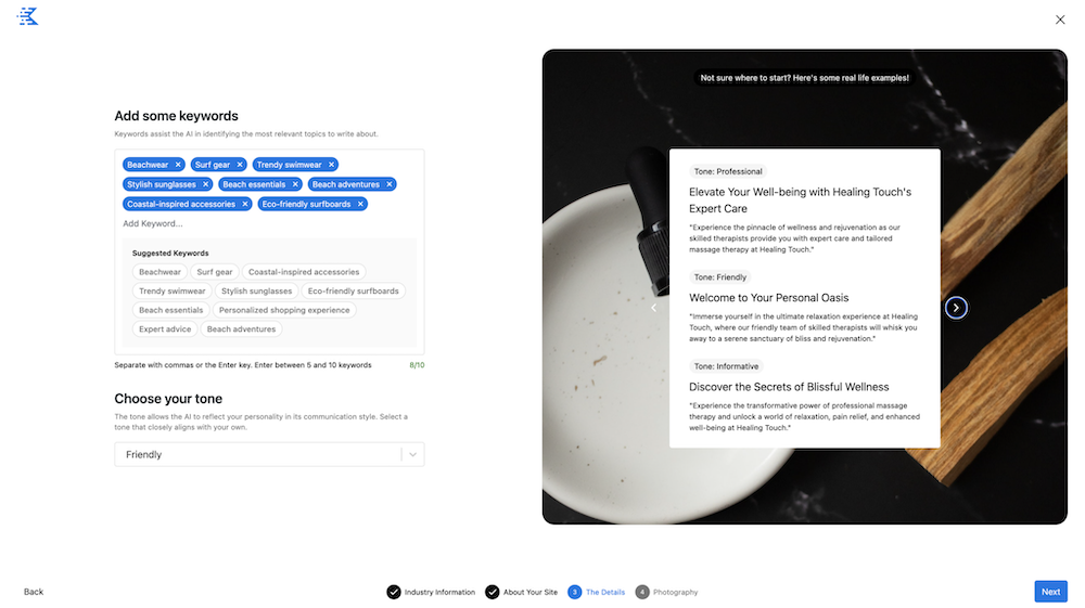 Step 3: Add Your Business Keywords and Choose a Tone