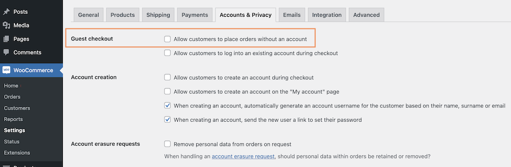 enable guest checkout in WooCommerce Stores