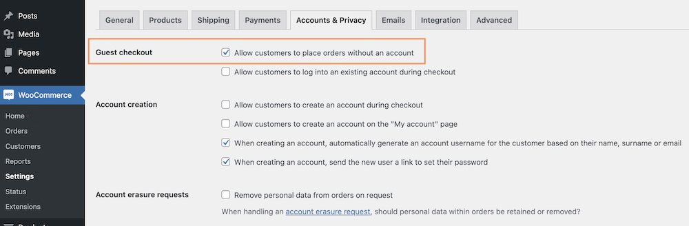 enable guest checkout in WooCommerce Stores