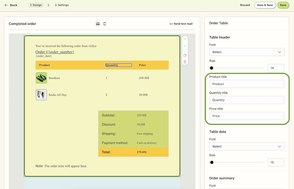 Customize the Order Table