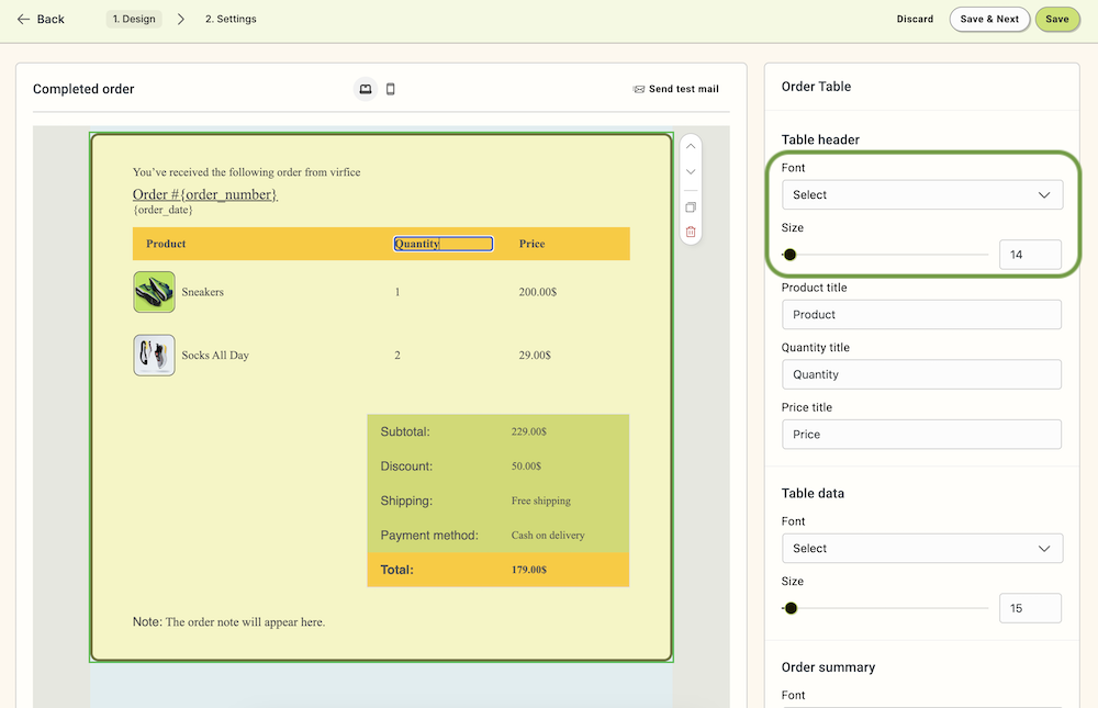 Customize the Order Table