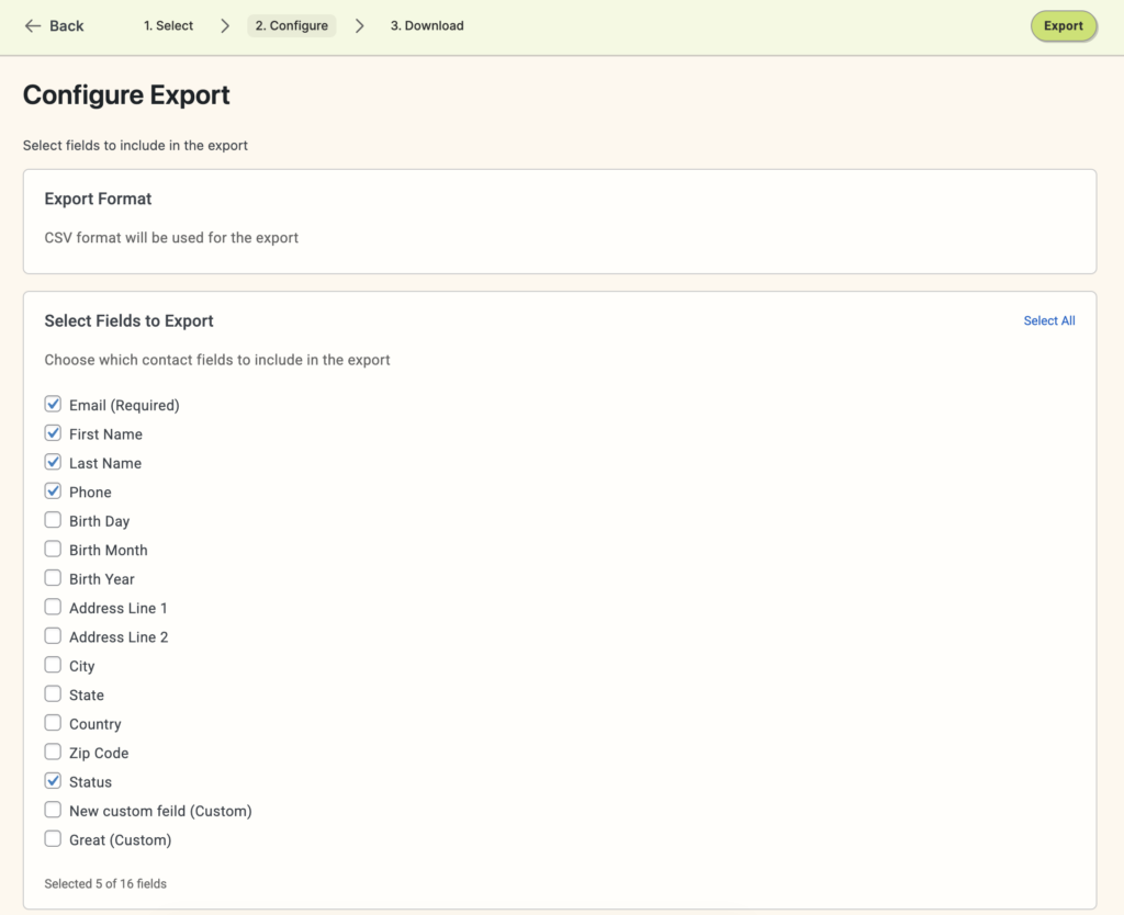 Configure data to export: